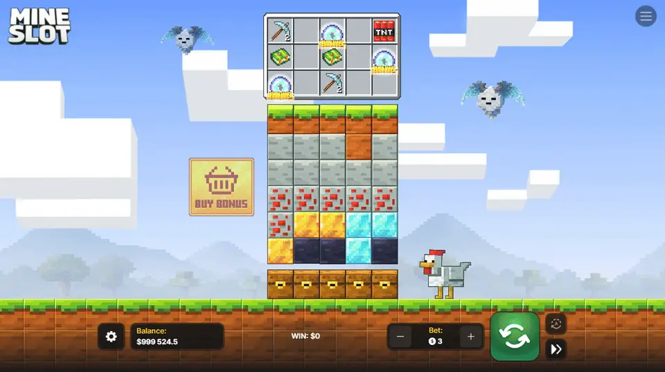 Mine Slot gameplay: pickaxes drop into a layered block field above a row of chests