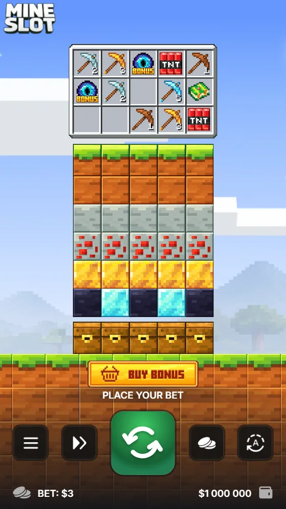 Mine Slot on a phone: pixel mine, pickaxe grid, Buy Bonus and spin controls